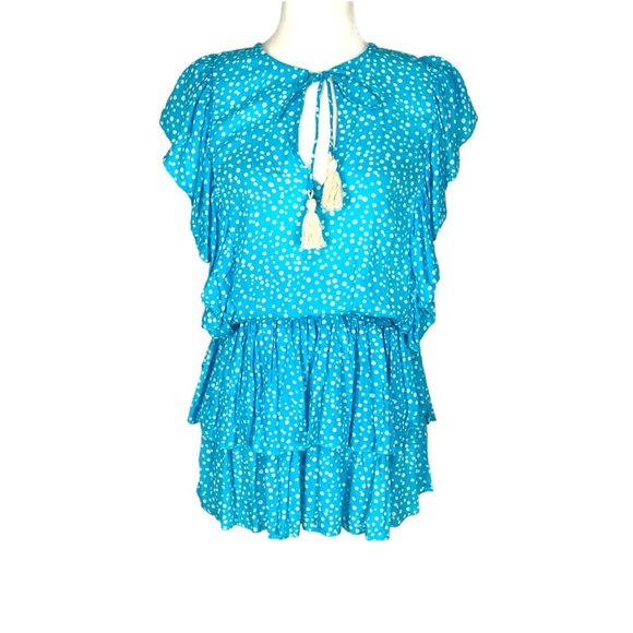 Coolchange Quinn Womens Ruffled Tunic Dress Swim Cover Aqua Blue Polka Dot sz XS - Picture 2 of 13